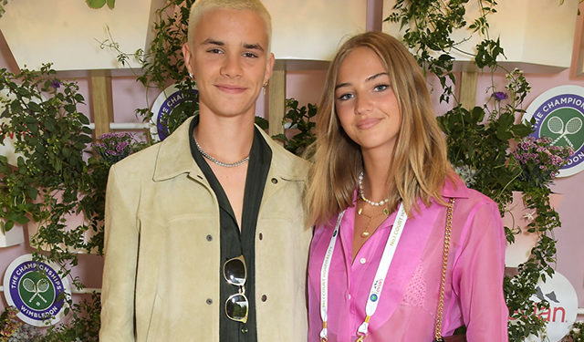 LONDON, ENGLAND - JUNE 28:  Romeo Beckham and Mia Regan pose in evian's VIP suite, certified as carbon neutral by The Carbon Trust, during day one of The Championships, Wimbledon 2021 on June 28, 2021 in London, England.  (Photo by David M. Benett/Dave Benett/Getty Images for evian)