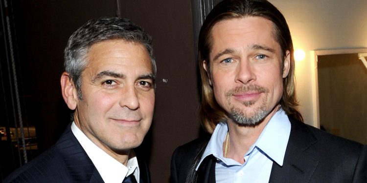 LOS ANGELES, CA - MARCH 03: Actors Brad Pitt (L) and George Clooney attend the one-night reading of "8" presented by The American Foundation For Equal Rights & Broadway Impact at The Wilshire Ebell Theatre on March 3, 2012 in Los Angeles, California.  (Photo by Michael Buckner/Getty Images  for American Foundation for Equal Rights)